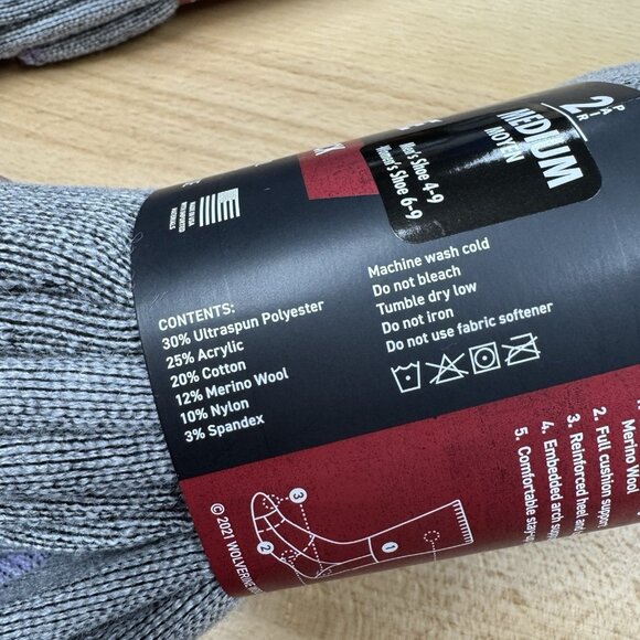 Wolverine Women's Wool Boot Socks sz M 6-9 Grey/Purple 2 Packs, 4 Pairs Total - Picture 5 of 5